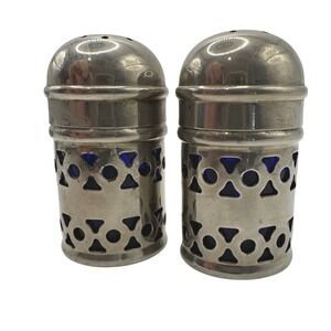 Vintage EPNS Made in England Cobalt Blue Glass Salt and Pepper Shakers Set